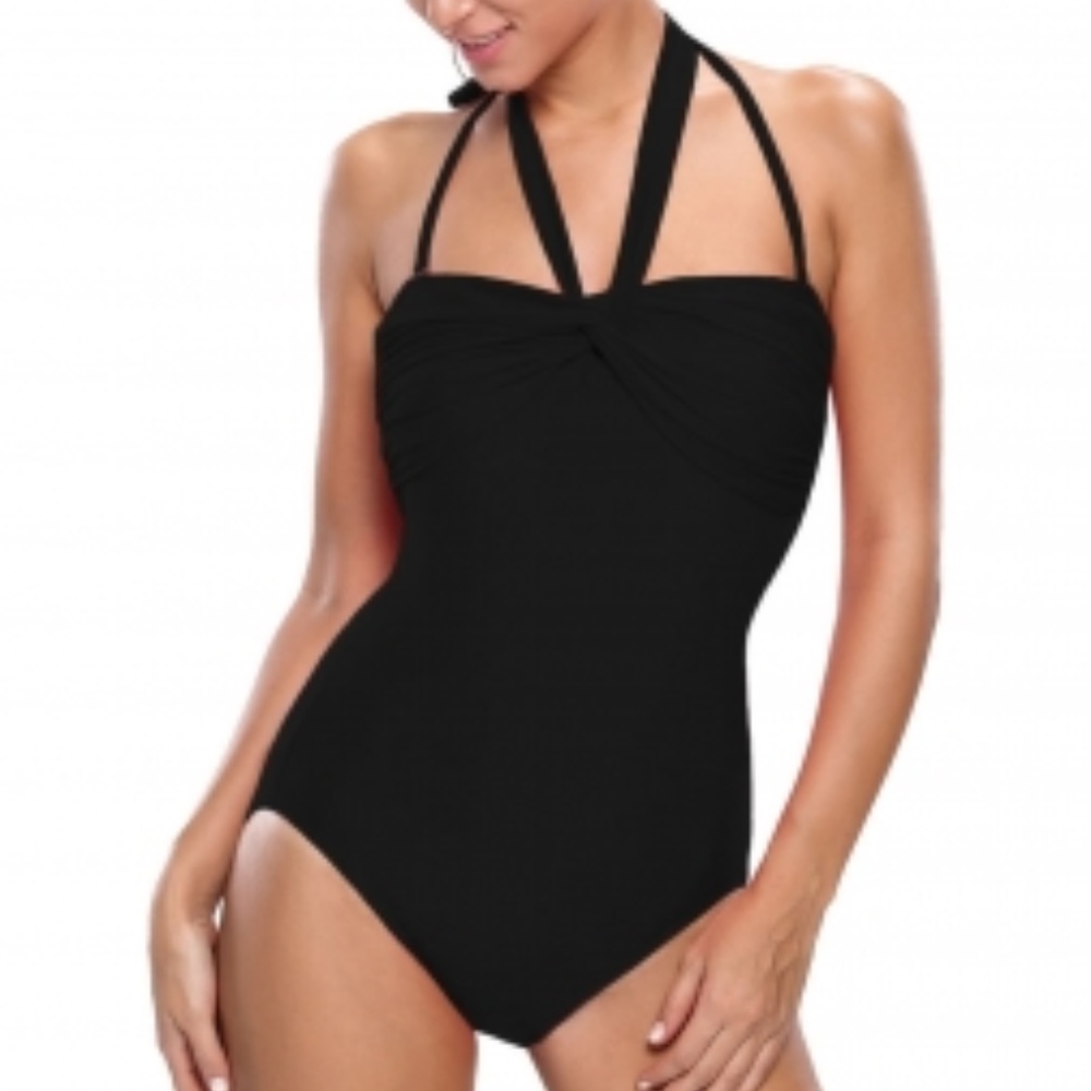 Black Double Halterneck Ruched One Piece Swimsuit